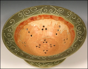 Sage Green Stoneware Berry Bowl With Slip Trail Decoration