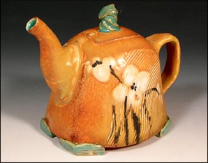 Squared Orange Stoneware Teapot With Handpainted Flowers
